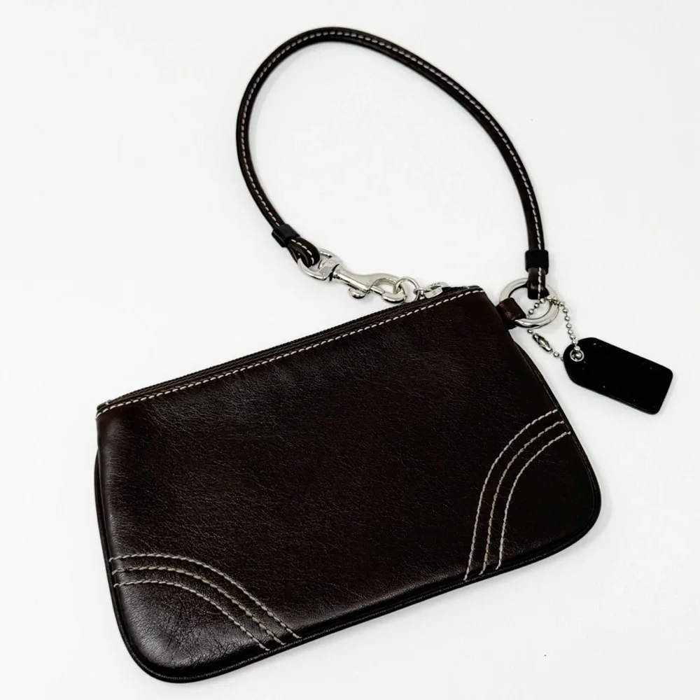 Coach Dark Brown Leather Wristlet Clutch Pouch Purse Zip Top Signature